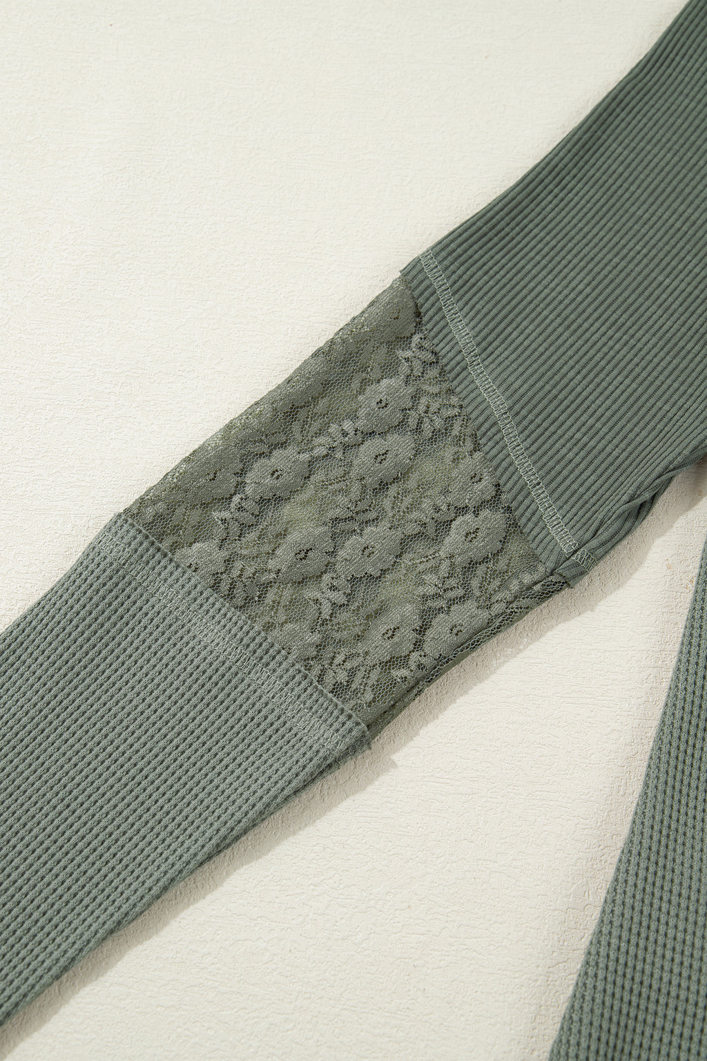 Sage Green Solid Color Waffle Ribbed Lace Patchwork Long Sleeve Top