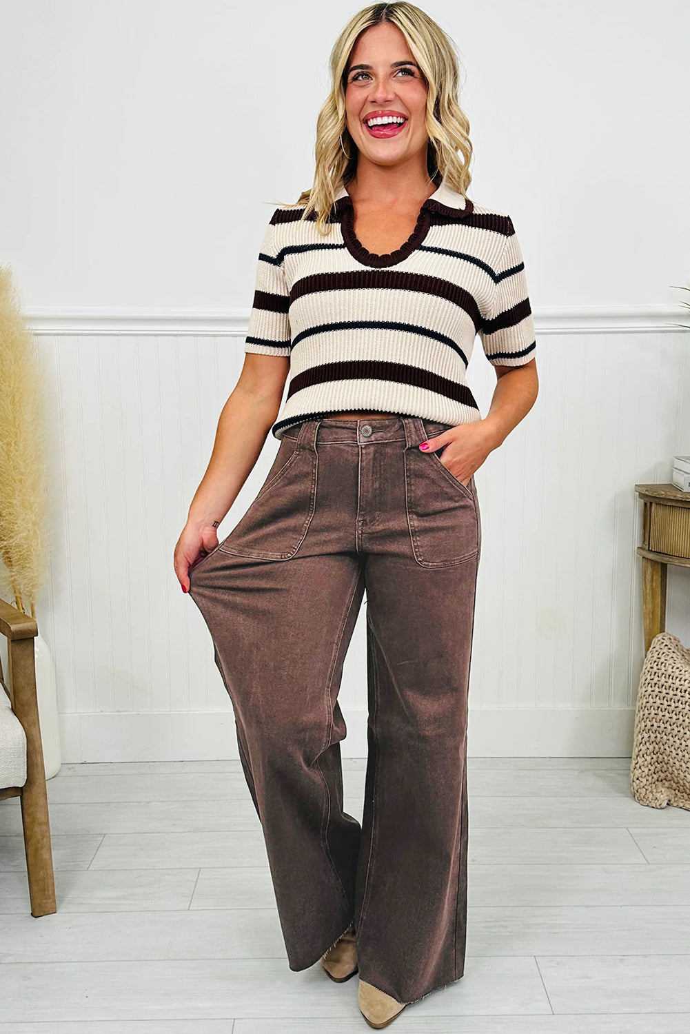 Dark Brown Retro Washed Patch Pocket Loose Jeans