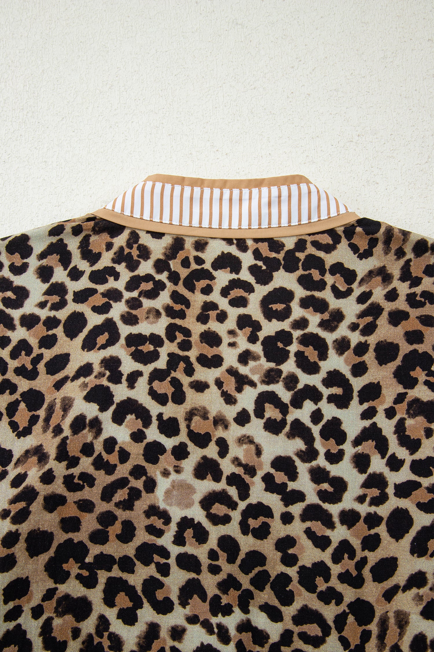 Khaki Contrast Striped Trim V Neck Leopard Shirt