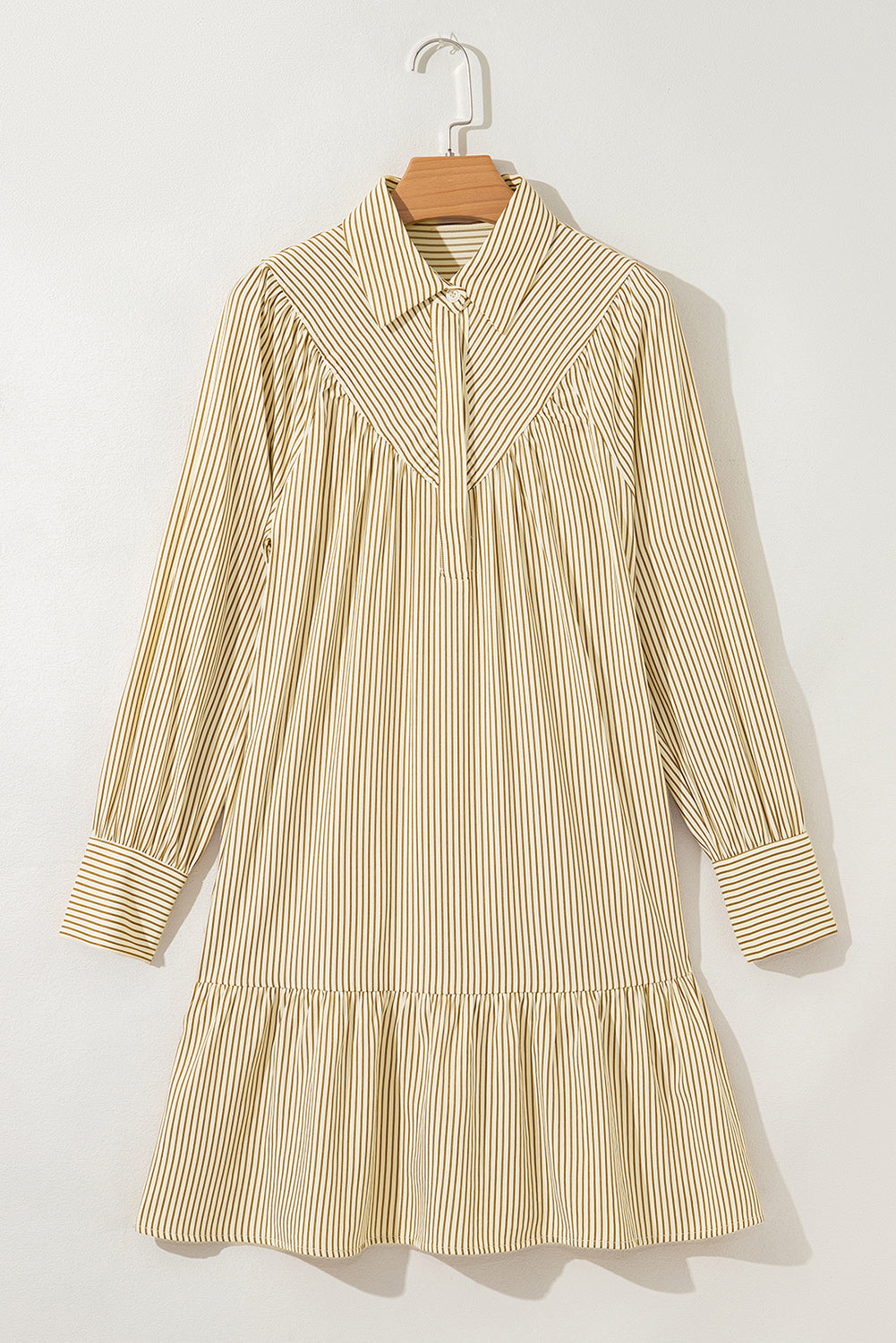Brown Stripe Collared Neck Cuffed Long Sleeve Drop Waist Mini Dress