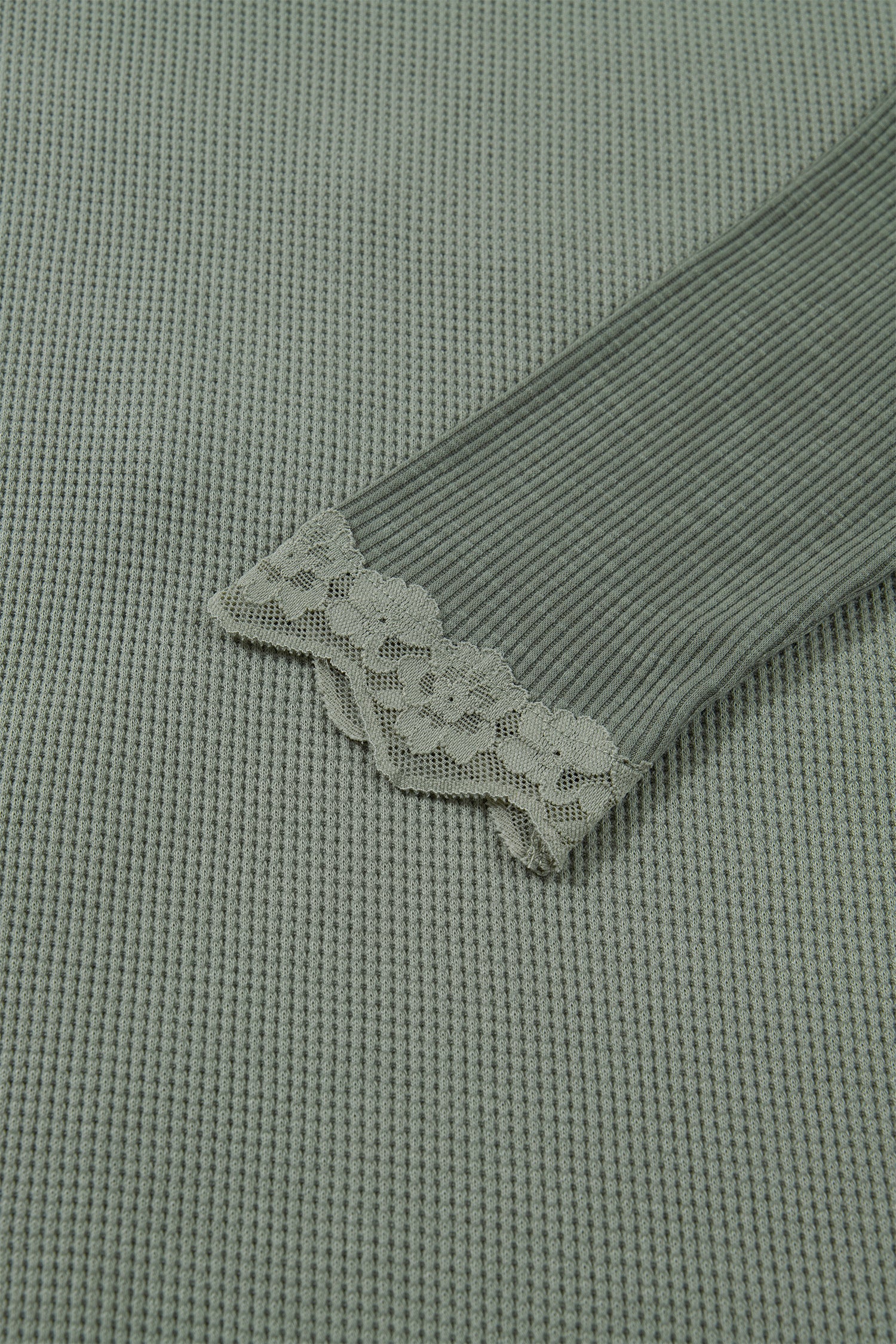 Sage Green Solid Color Waffle Ribbed Lace Patchwork Long Sleeve Top